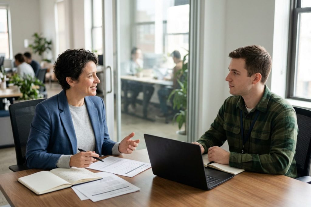 A woman and man sitting across a desk in a bright office, working through a performance review template during their meeting.