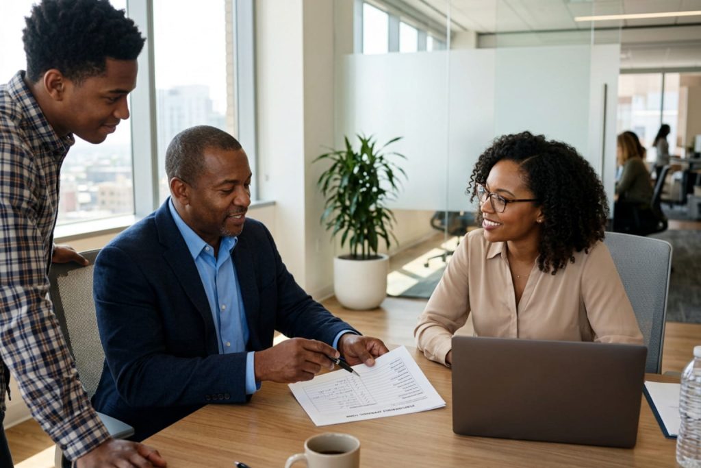 Three colleagues gathered around a desk in a modern office, reviewing a printed performance review template together.