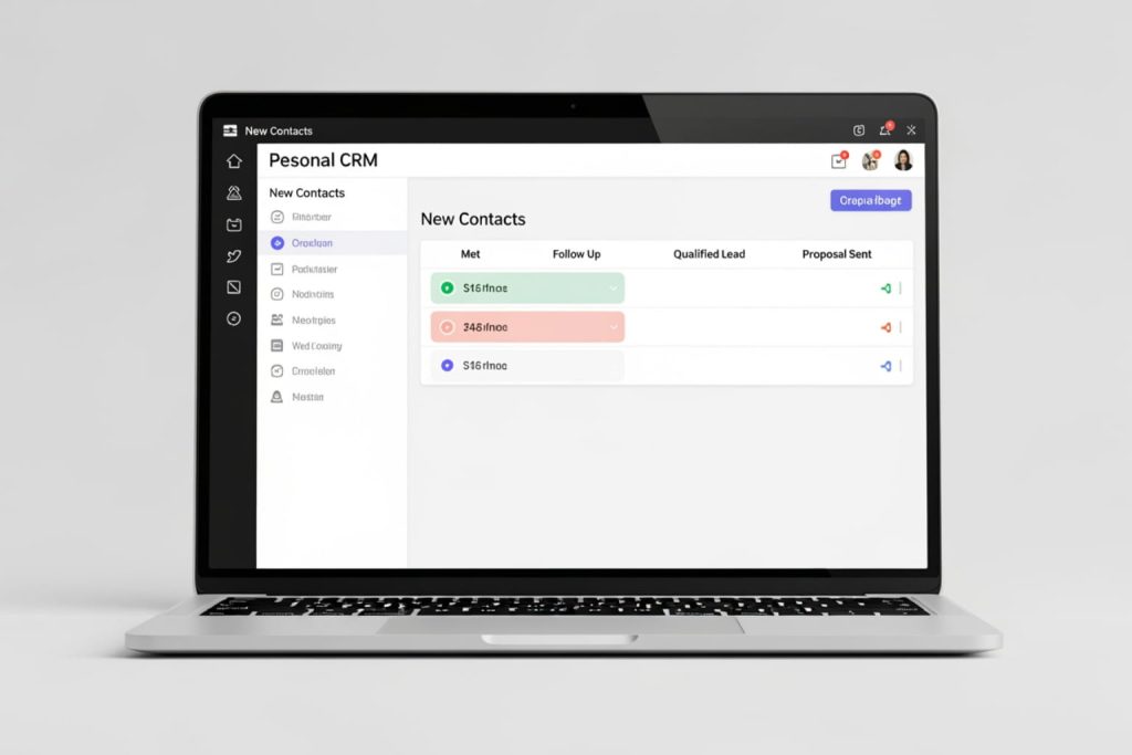 Laptop displaying a CRM software interface with color-coded rows on a professional networking platform.