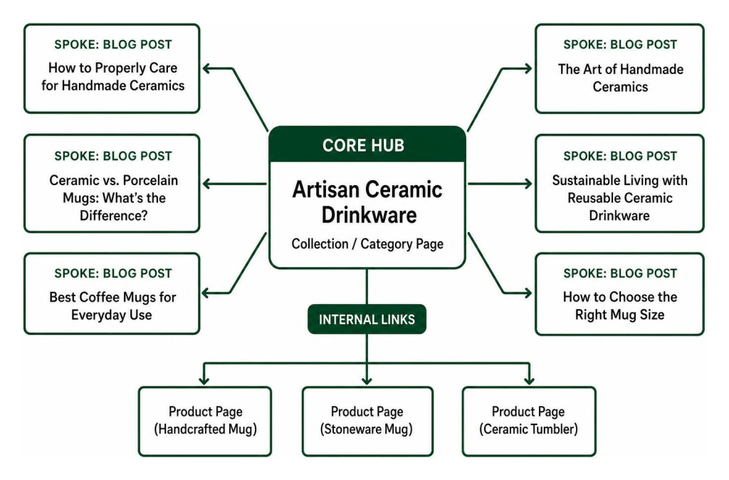 Hub and spoke content strategy diagram for artisan ceramic drinkware, showing internal linking as part of a Shopify SEO checklist.