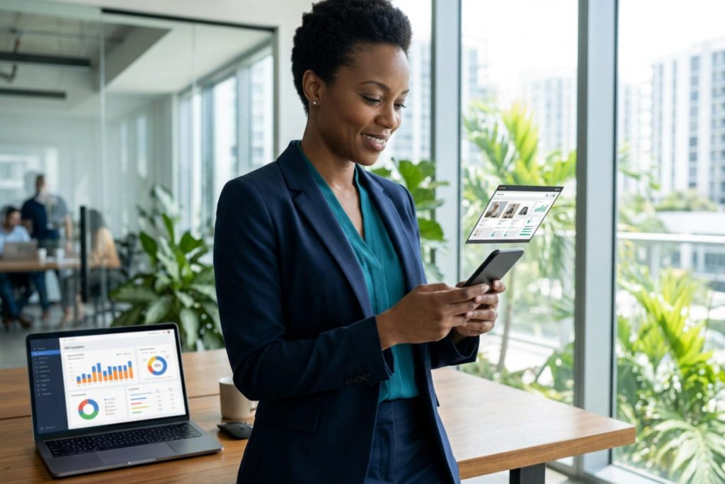 Professional woman holding a smartphone beside a laptop showing an SEO analytics dashboard, part of following a Shopify SEO checklist.