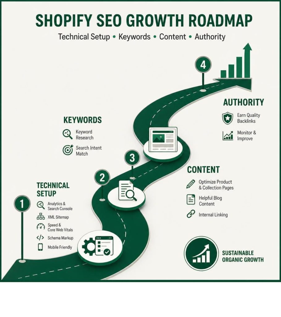 Shopify SEO Growth Roadmap infographic with a winding road and four steps, a visual Shopify SEO checklist for organic growth.
