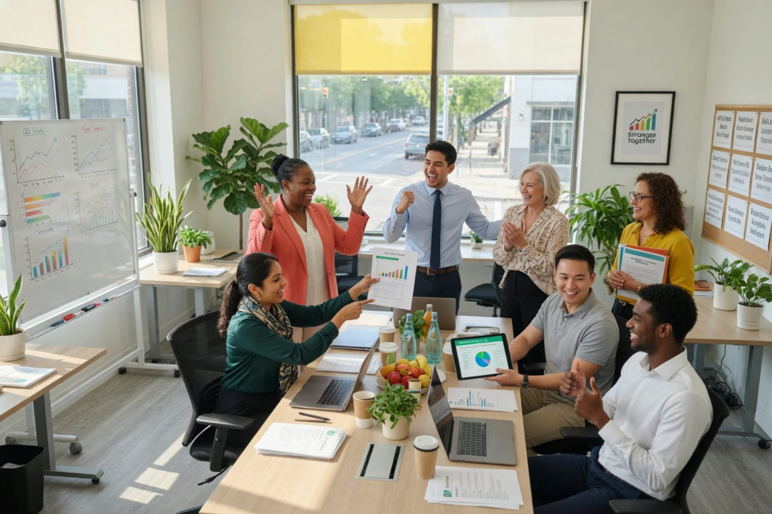 Team celebrating positive small business health insurance planning results in a bright office.