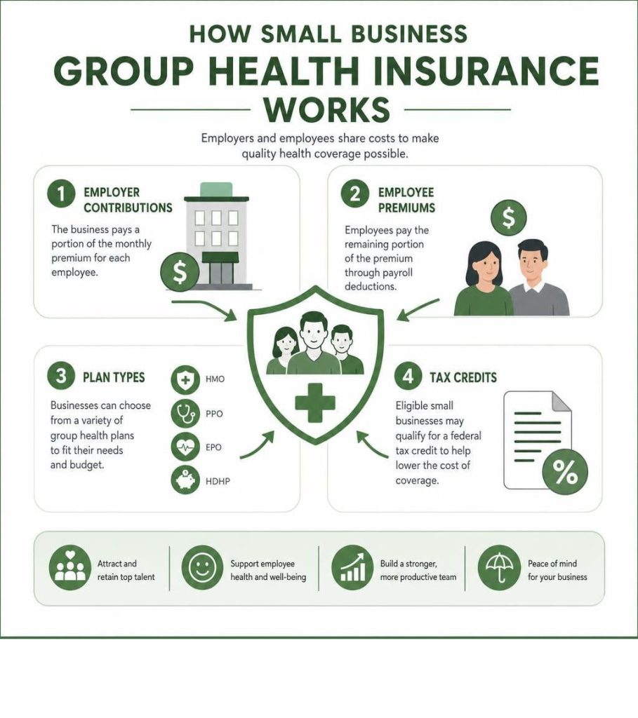 Infographic explaining how small business health insurance works for employers and employees.