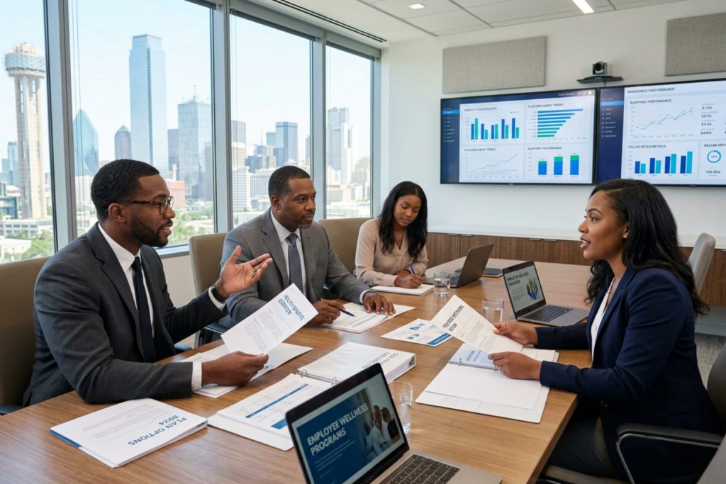 Professionals reviewing small business health insurance plan options in a conference room.