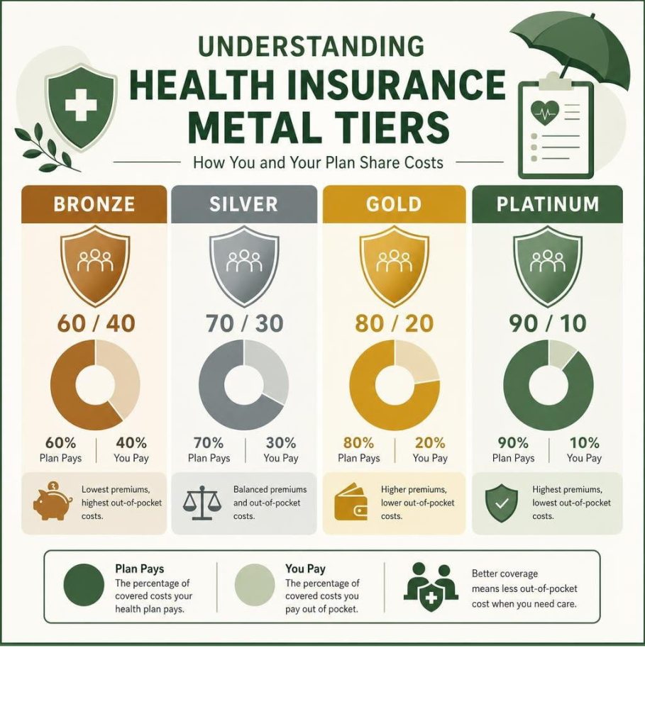 Infographic showing small business health insurance metal tiers and cost sharing.