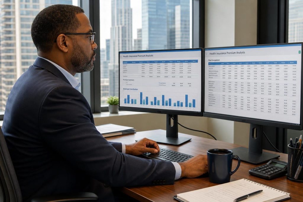 Analyst reviewing small business health insurance premium data on dual monitors.