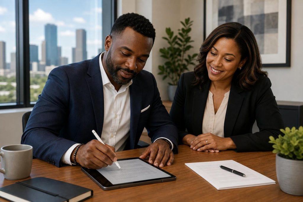 Professionals signing small business health insurance documents in a modern office.