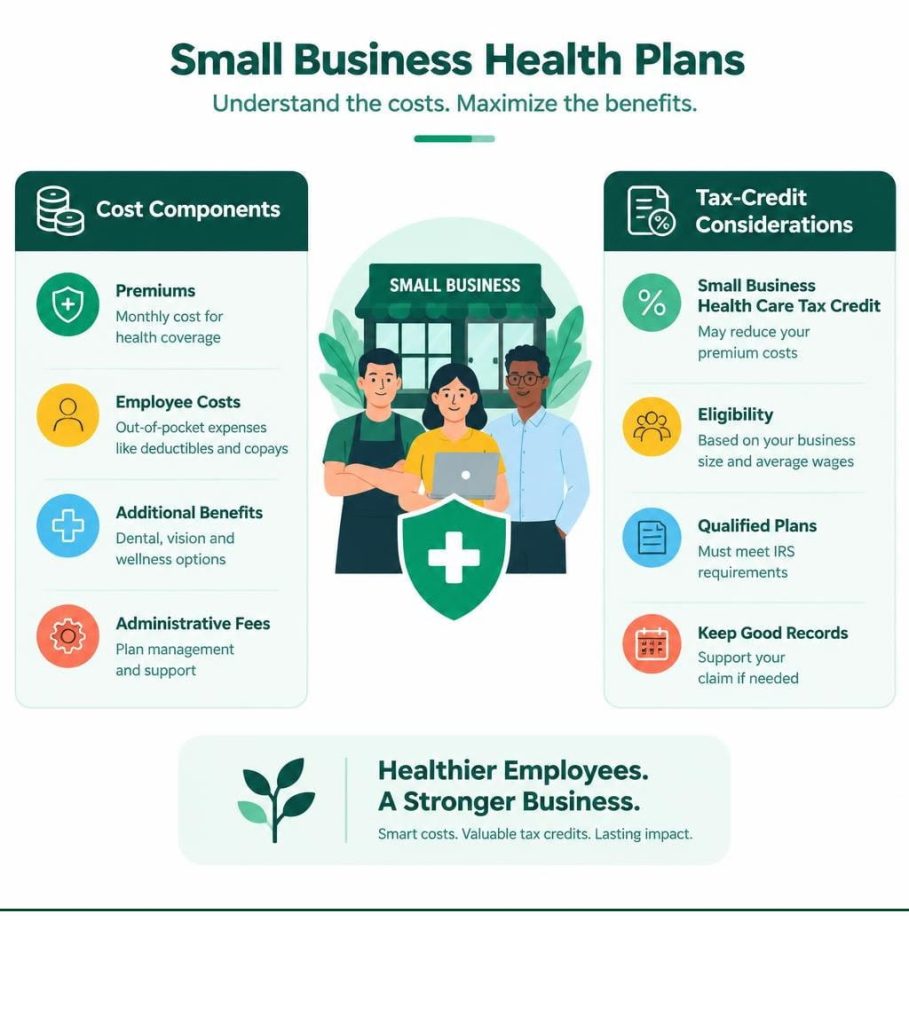Small business health plans infographic showing cost components tax credit considerations and small business team benefits.