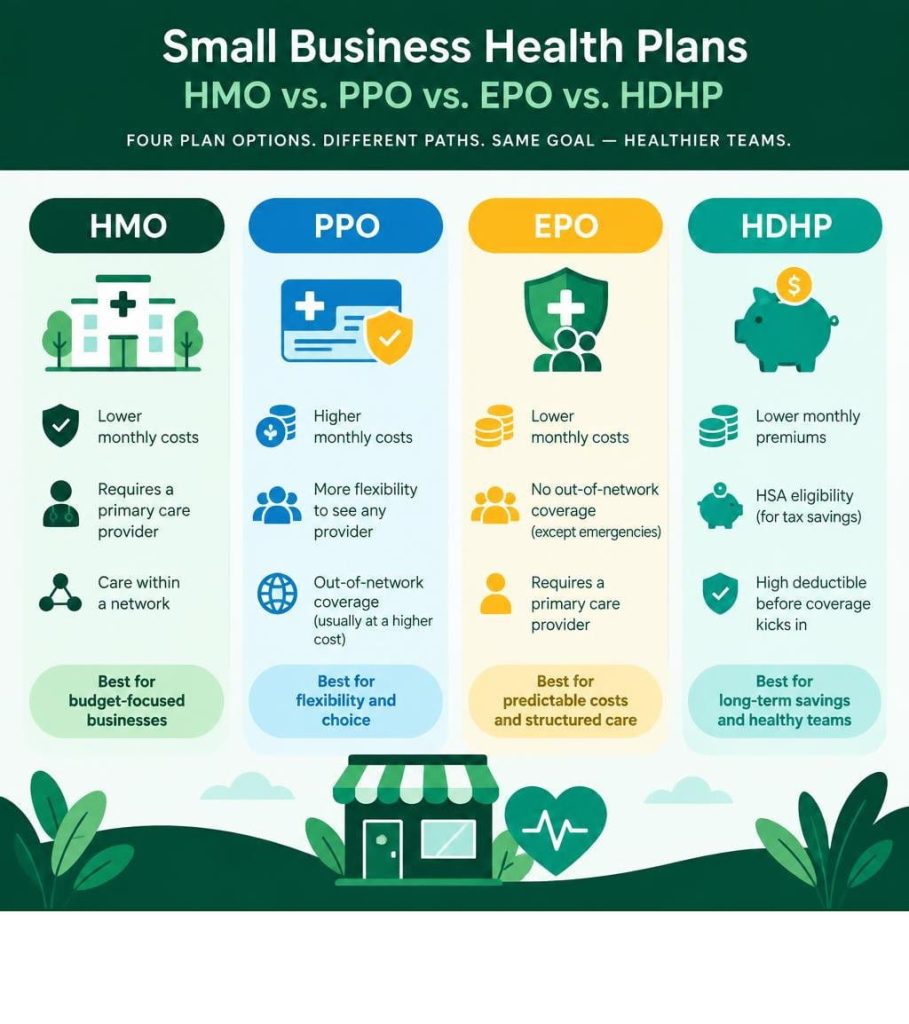 Small business health plans comparison infographic covering HMO PPO EPO and HDHP options for employers.