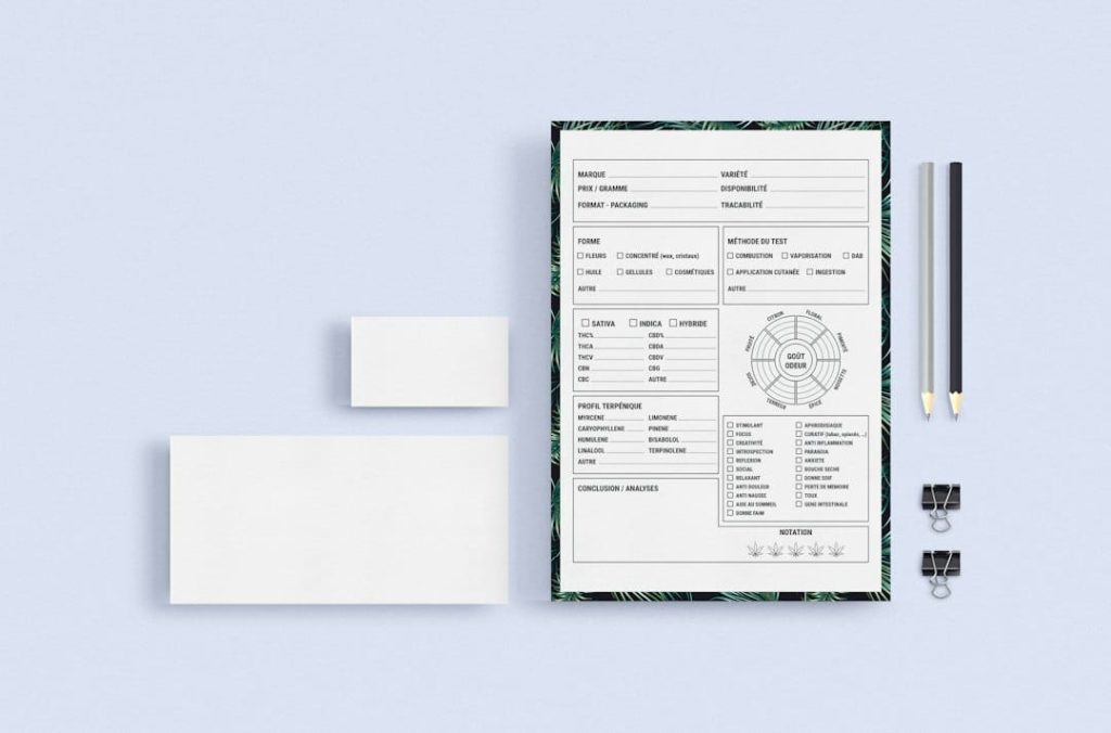 Flat-lay mockup of a printed French-language cannabis strain review sheet styled like a small business invoice template, with a tropical leaf border, pencils, and binder clips.
