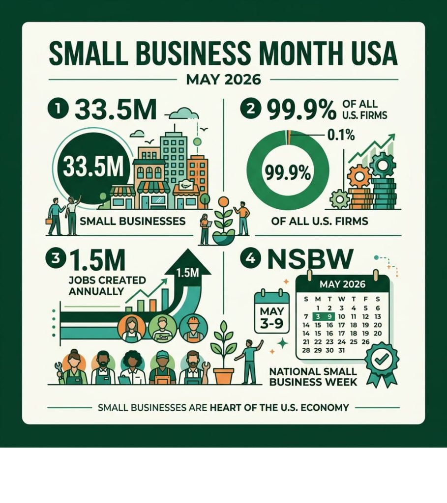 An infographic for Small Business Month highlighting the economic impact of small businesses in the U.S., featuring statistics, charts, and a calendar for May 2026.