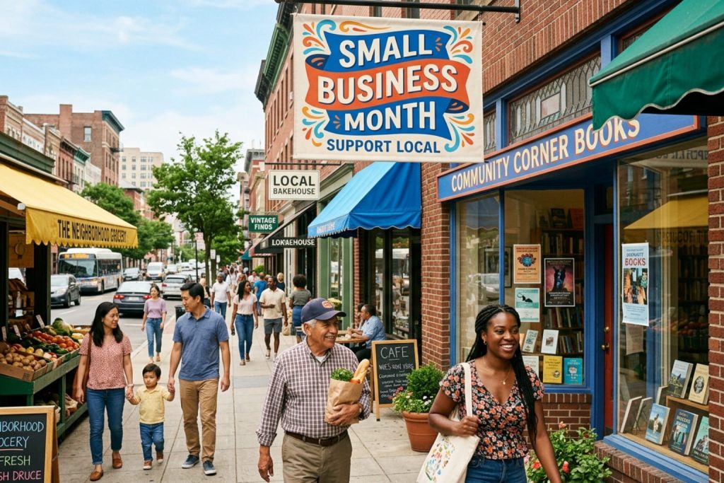 A bustling urban street scene during Small Business Month, with diverse shoppers and local storefronts under a celebratory banner.