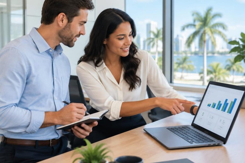 Team reviewing payroll growth metrics on a laptop for small business payroll services.
