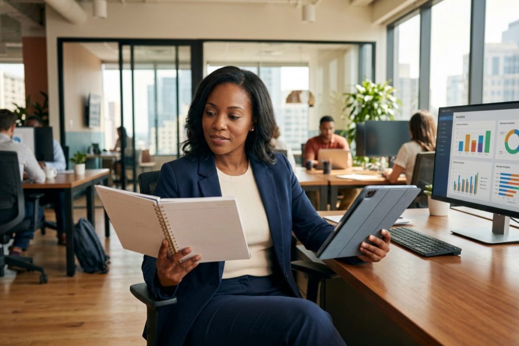 small business planner professional reviewing notes, tablet, and analytics dashboard in a modern office.