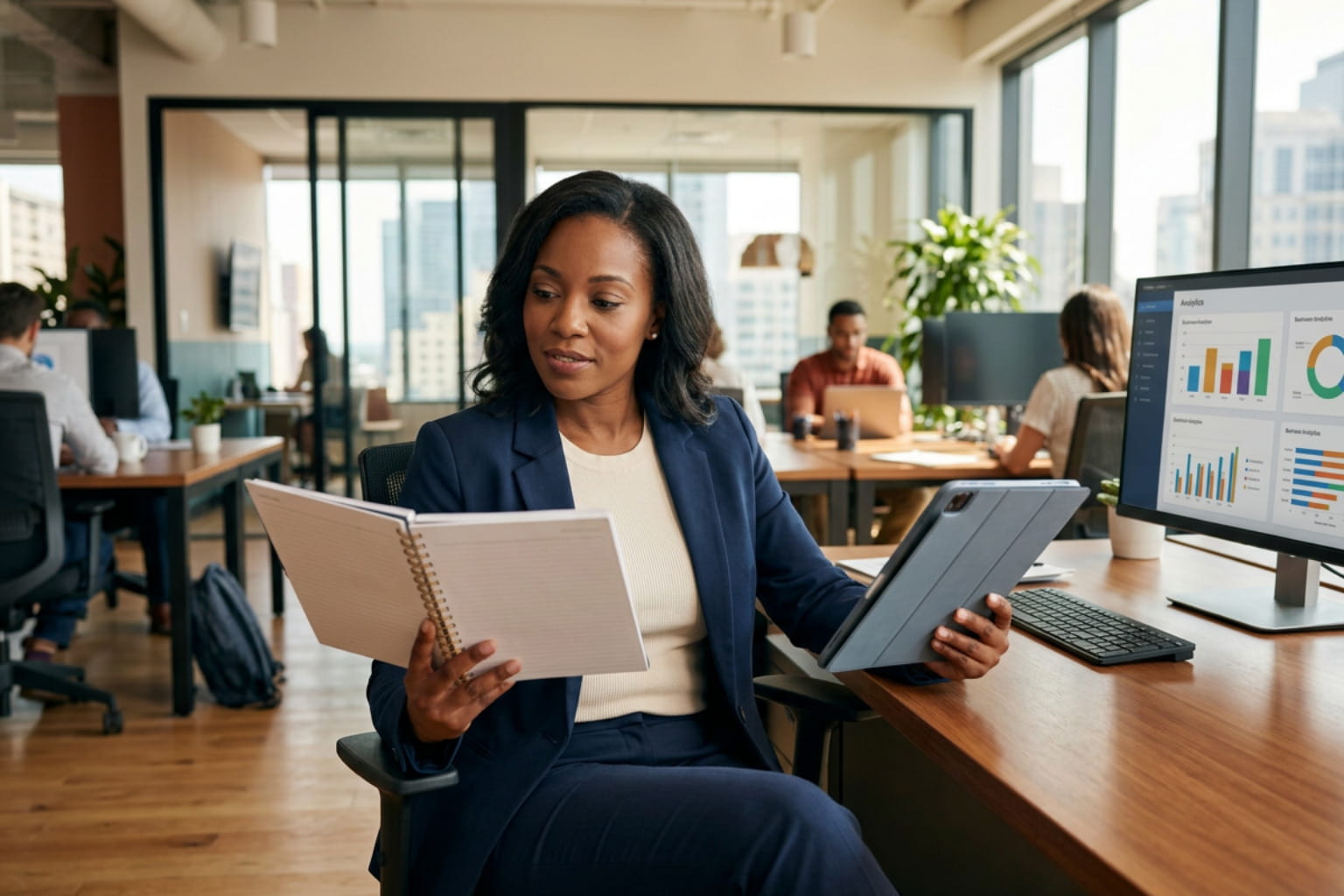 small business planner professional reviewing notes, tablet, and analytics dashboard in a modern office.