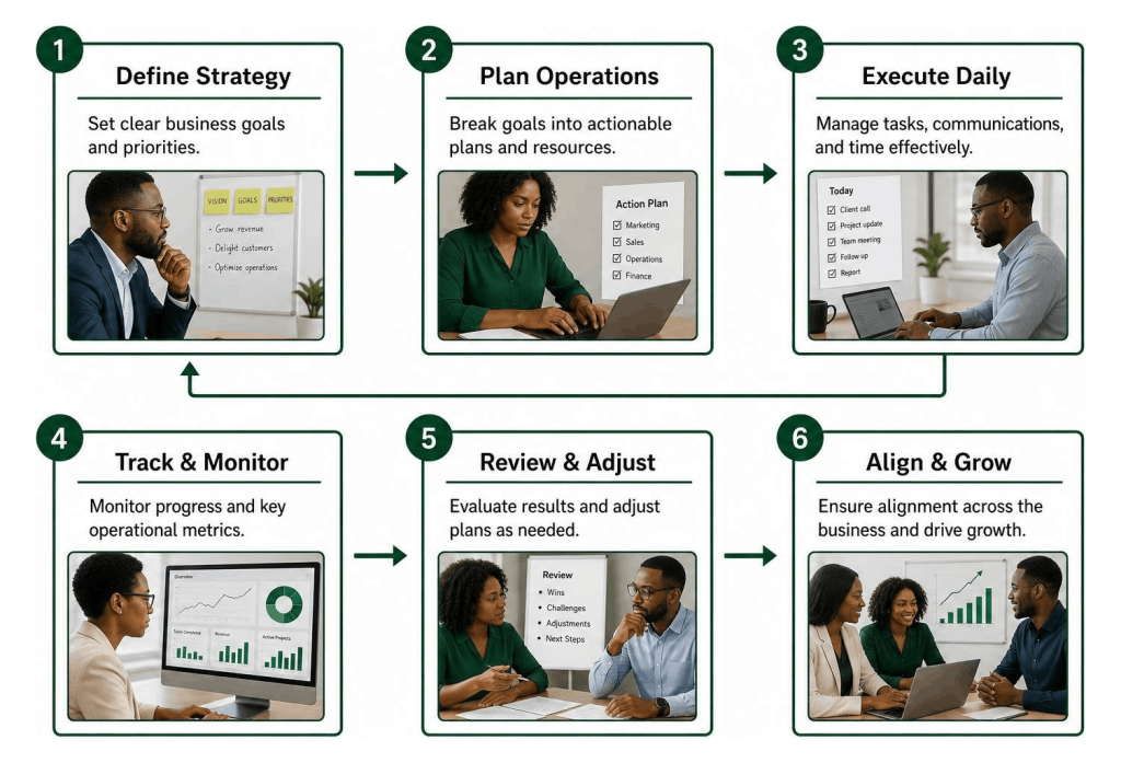 small business planner six-step strategy and operations workflow with team collaboration visuals.