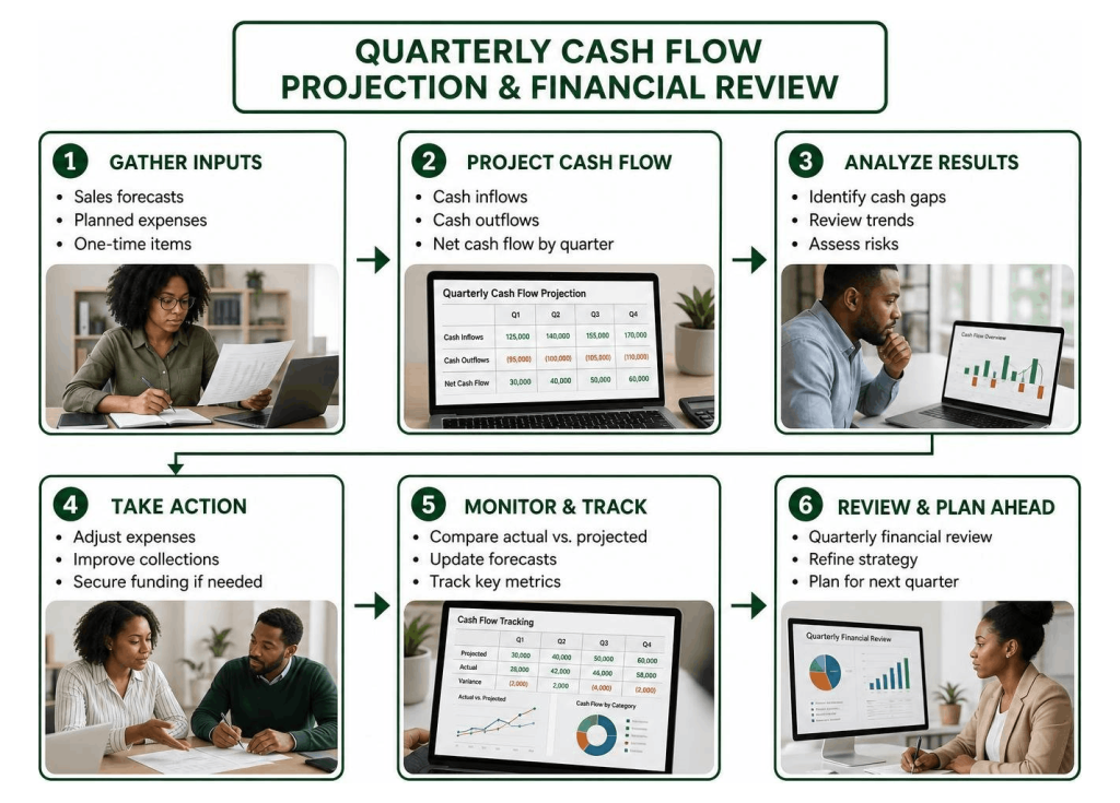 small business planner quarterly cash flow projection and financial review workflow.