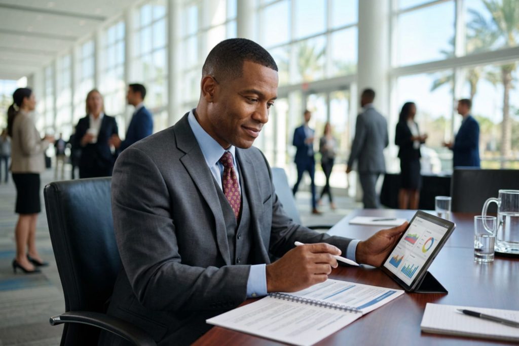 small business planner executive reviewing reports and analytics during a business meeting.