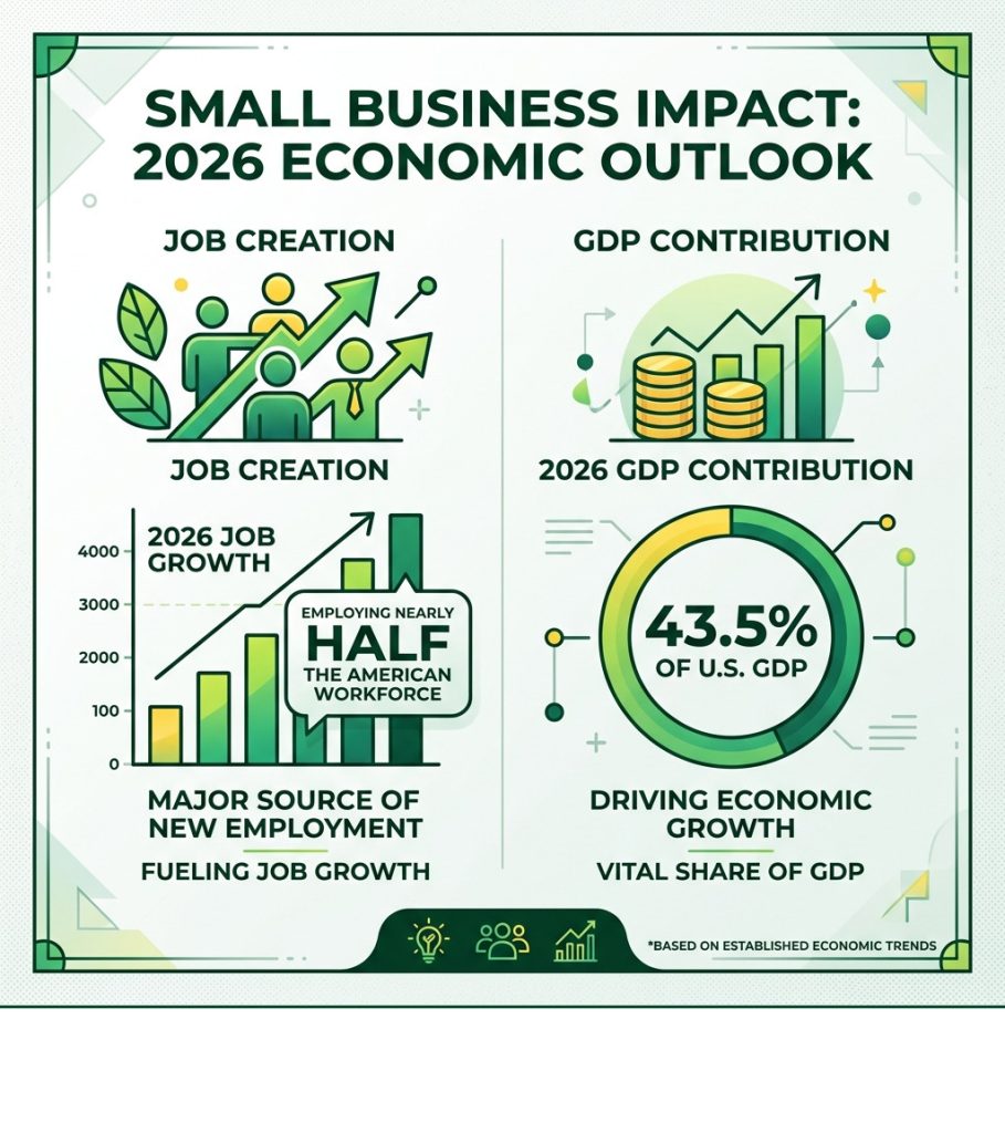 Infographic with small business quotes highlighting 2026 job growth and 43.5% GDP contribution.