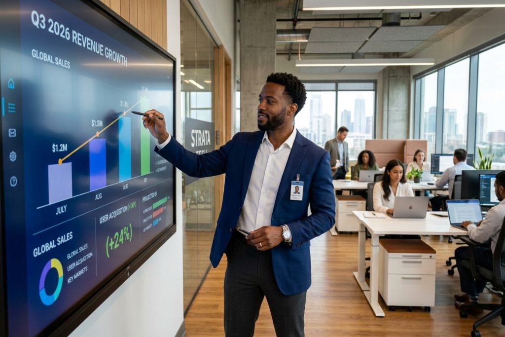 Man presenting small business quotes and Q3 2026 revenue growth data on a touchscreen in a modern office.