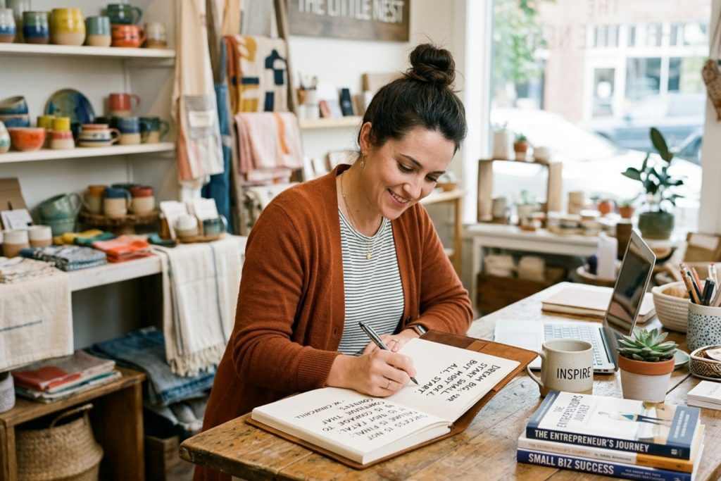 Female entrepreneur writing small business quotes in a notebook at her boutique shop.