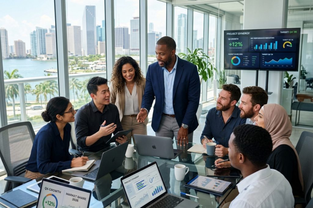 Diverse team in a high-rise conference room discussing small business quotes and 'Project Synergy' with data dashboards.