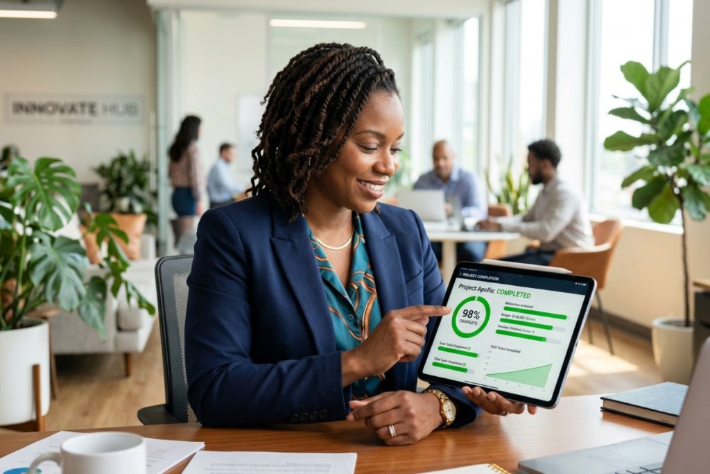 Professional woman presenting a tablet showing small business quotes and 'Project Apollo: Completed' in a modern office.