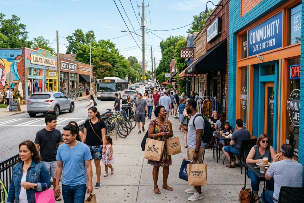 Vibrant street scene with local shops featuring small business quotes in their windows, with pedestrians and a MARTA bus in an urban neighborhood.