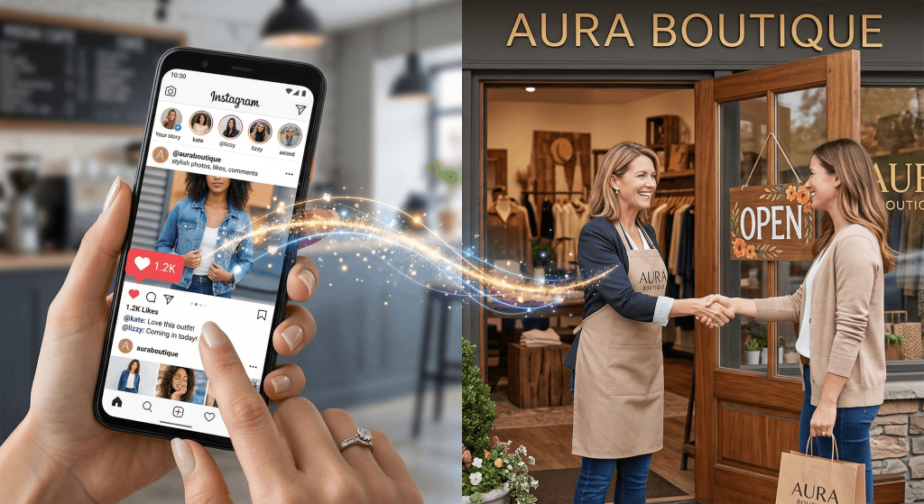 A digital bridge connecting a social media app to a physical small business storefront, illustrating relationship building through social media marketing for small businesses.