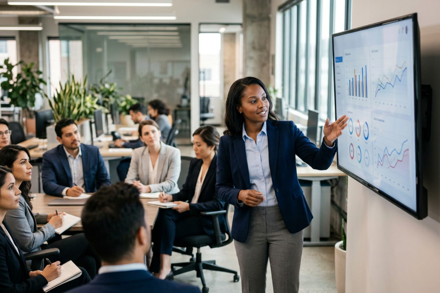 small business suggestions presentation meeting with a woman leading a data review in a modern office.
