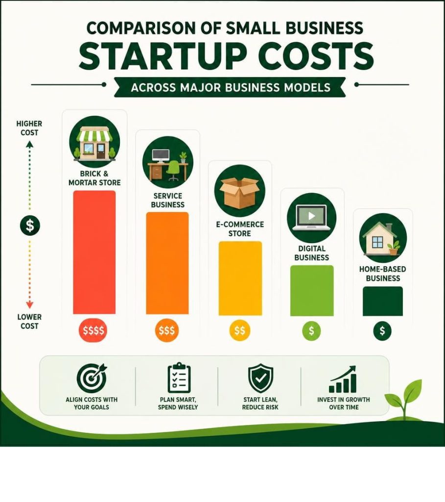 small business suggestions startup cost chart comparing brick and mortar service ecommerce digital and home based businesses.