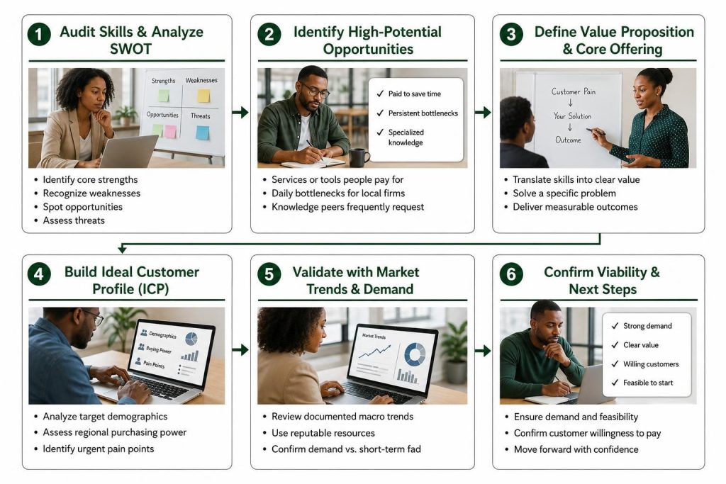 small business suggestions six step infographic for evaluating skills market demand and business viability.