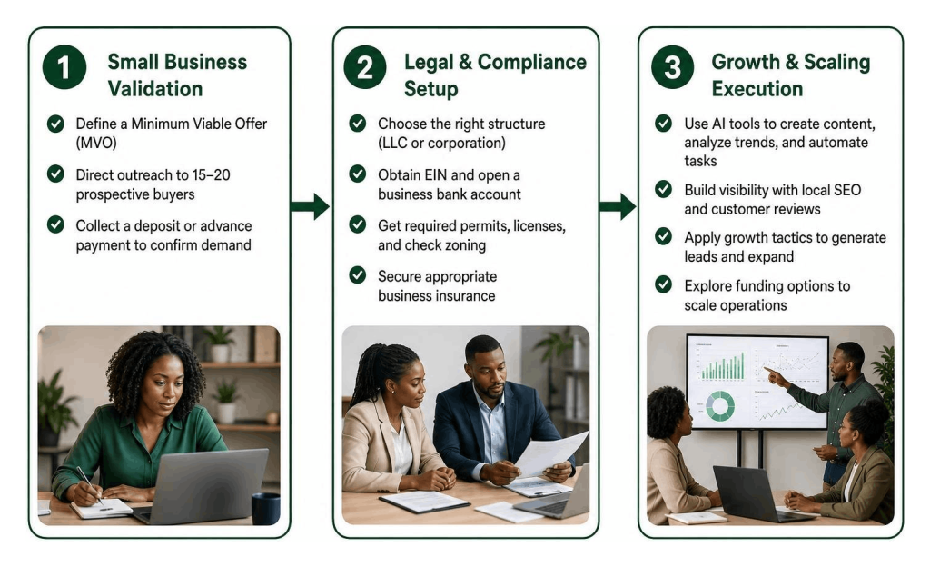 small business suggestions three step roadmap for validating launching and scaling a business.