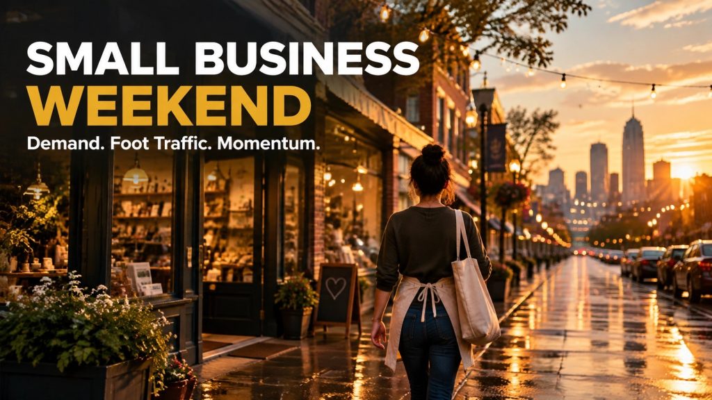 Small business weekend event collage with networking, learning, and growth scenes.