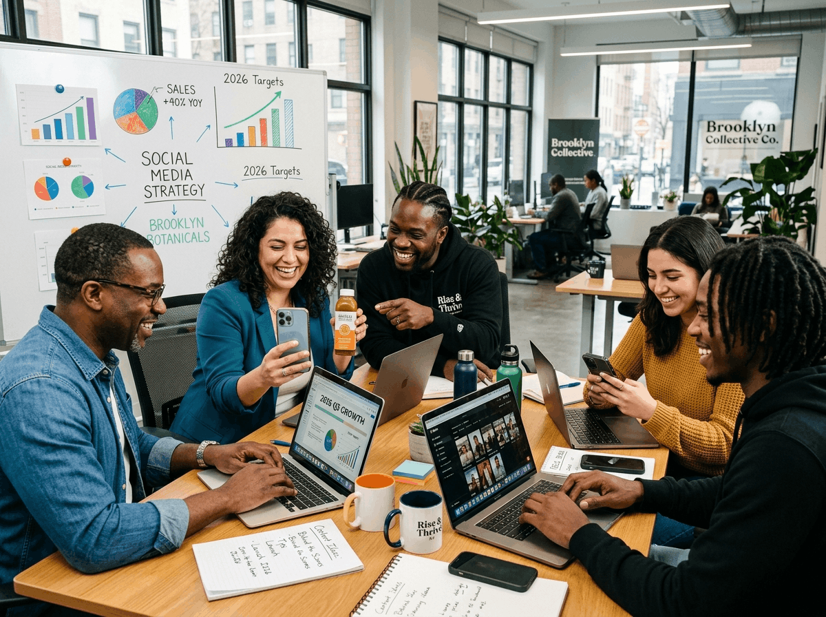 A collaborative office environment with five diverse team members gathered around a wooden table, brainstorming social media ideas for small business. The whiteboard in the background displays colorful charts and the title "Social Media Strategy." Laptops, notebooks, and a juice bottle are on the table. The scene emphasizes teamwork, modern technology, and a creative workspace.