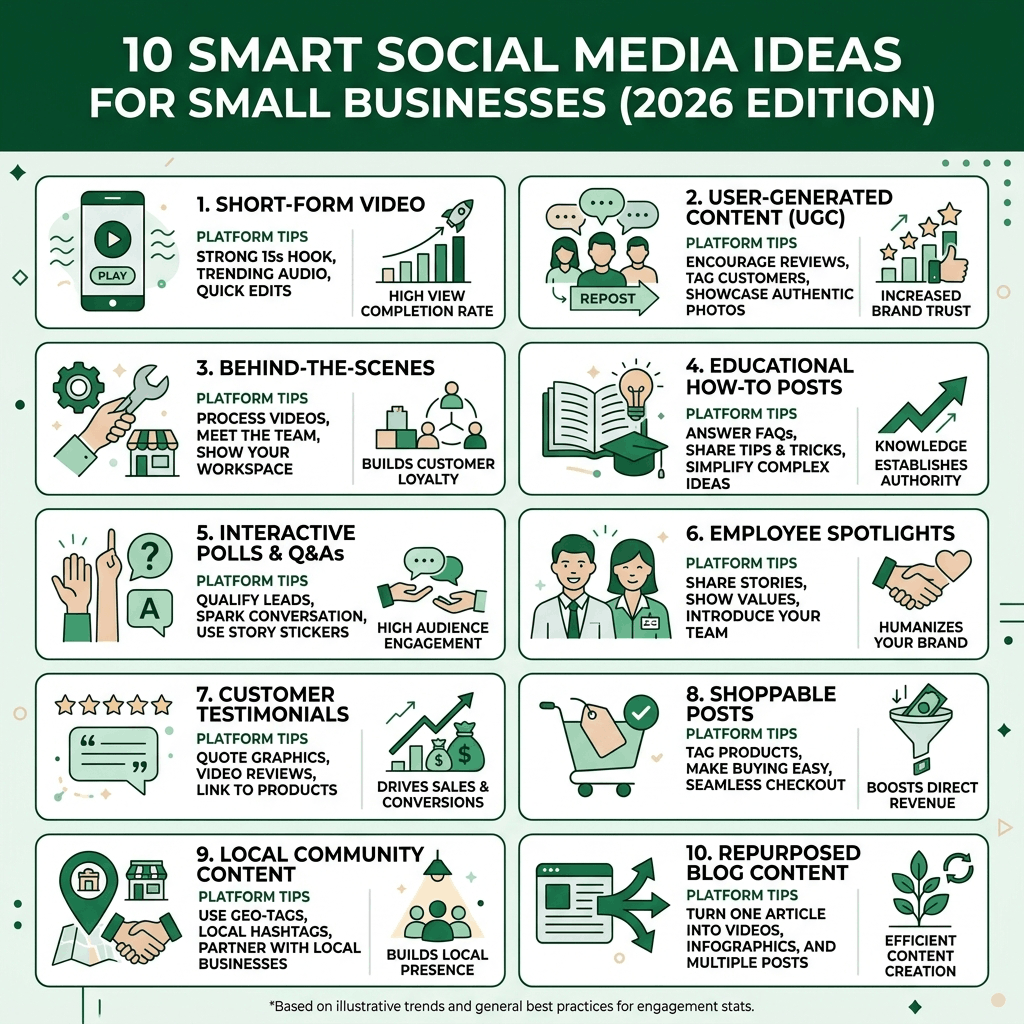 An infographic titled "10 Smart Social Media Ideas for Small Businesses (2026 Edition)" providing social media ideas for small business. It features ten white cards with tips like short-form videos, user-generated content, and shoppable posts. Each card includes platform tips, outcome labels, and colorful icons. The design uses a green and white color palette.