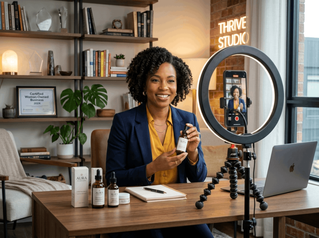 A professional woman in a studio setting holding a skincare product labeled "AURA," demonstrating social media ideas for small business. The desk in front of her has more AURA products, a laptop, and a notebook. A ring light and tripod are set up for recording. The background includes a bookshelf, a neon "Thrive Studio" sign, and a "Certified Woman-Owned Business" plaque.