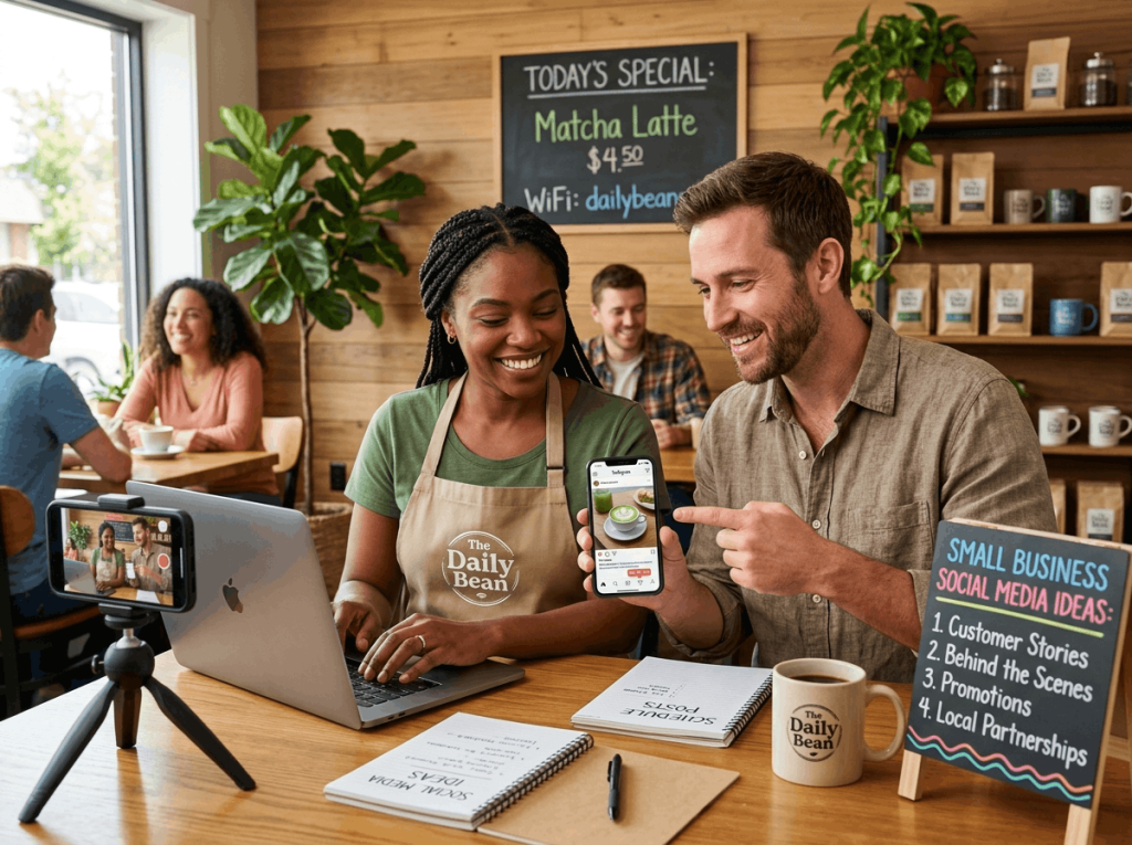 A cozy coffee shop scene featuring two people collaborating at a wooden table. The woman wears a tan apron with "The Daily Bean" logo. A chalkboard sign lists social media ideas for small business like customer stories and promotions. A smartphone on a tripod records the interaction, emphasizing digital marketing in small businesses.