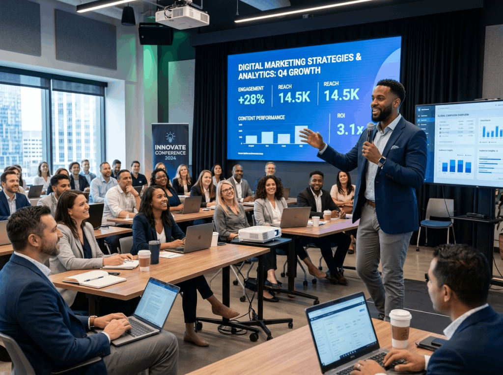 A corporate seminar with a speaker presenting marketing data on a large screen, offering valuable social media ideas for small business. Metrics like "Engagement: +28%" and "ROI: 3.1x" are displayed. The audience, seated at wooden tables with laptops, listens attentively. The setting is a modern conference room with a cityscape visible through the windows.