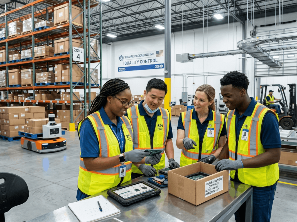 A quality control station in a modern warehouse. Four workers in safety vests inspect electronic components on a stainless steel table. A tablet displays data, and an autonomous robot moves boxes in the background. The scene highlights collaboration and technology, providing excellent social media ideas for small business focused on efficiency in logistics.