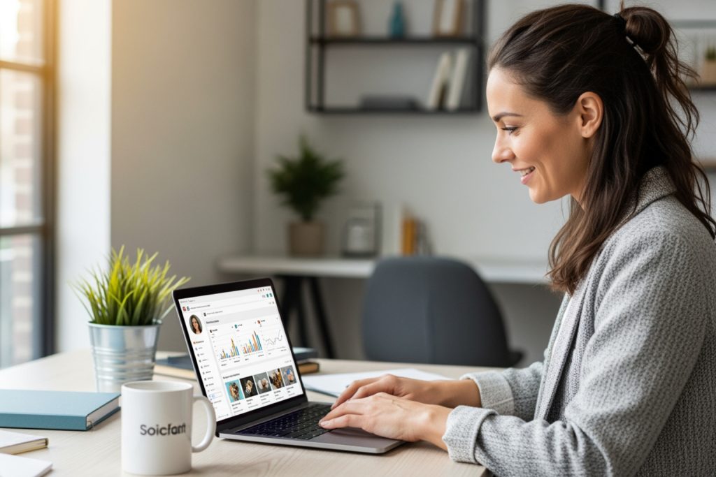 A woman in a light gray cardigan working on a laptop displaying an analytics dashboard with charts and graphs. The desk features a white mug, a plant in a silver pot, and stacked books. The background includes a window, shelves, and a modern office setup showcasing social media marketing tools for small business.