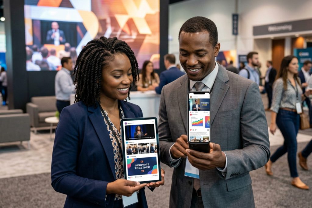 Professionals at a business event viewing mobile content with social media post ideas.