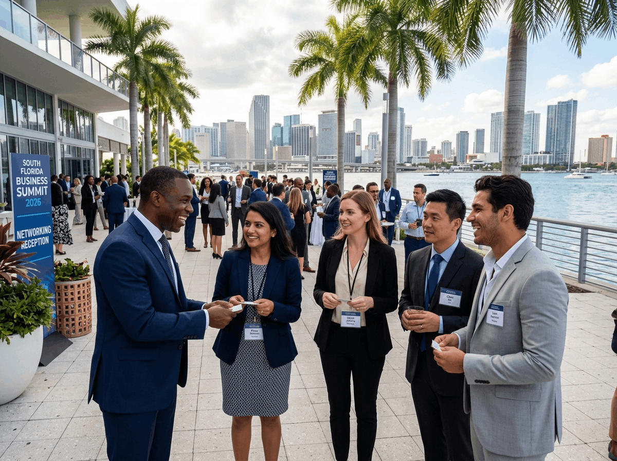 A lively outdoor event where professionals exchange business cards at one of the top South Florida business networking events, set against a tropical waterfront backdrop.