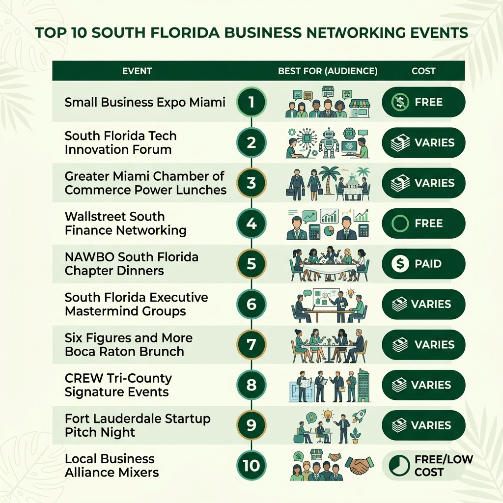 A green infographic listing ten South Florida business networking events with audience icons and cost details.