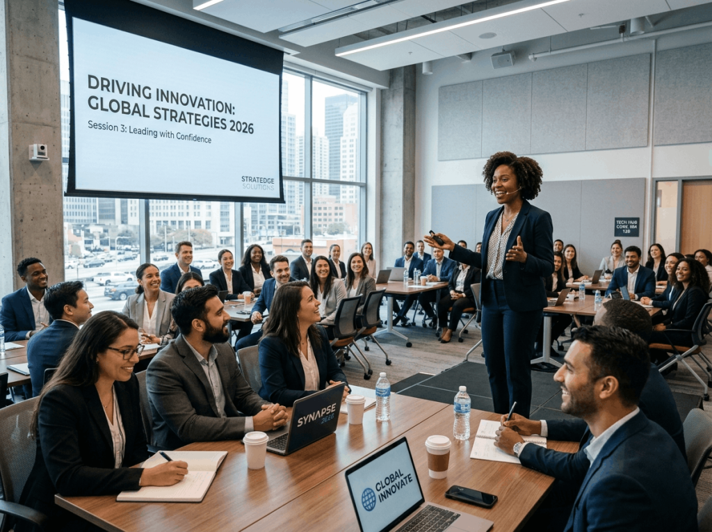 A professional seminar with a speaker addressing an audience at one of the top South Florida business networking events in a modern conference room.
