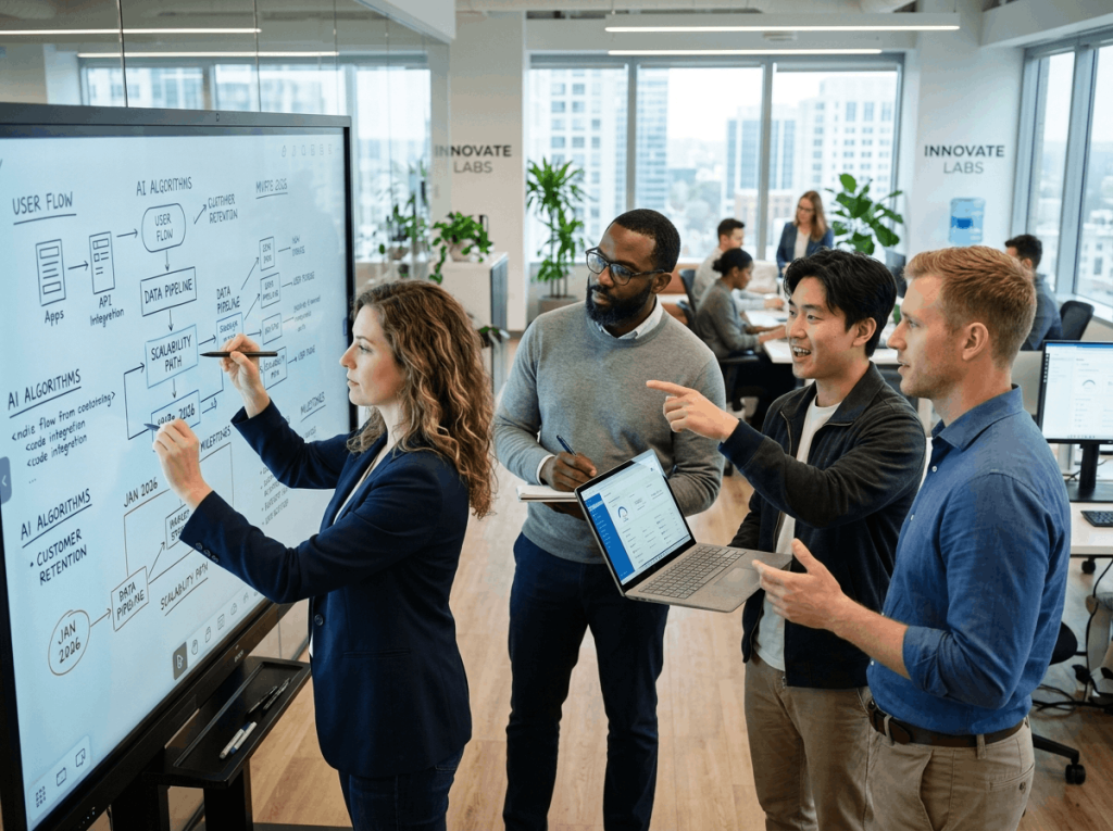 A diverse team brainstorming on an interactive whiteboard in a modern office, planning their attendance at upcoming South Florida business networking events.