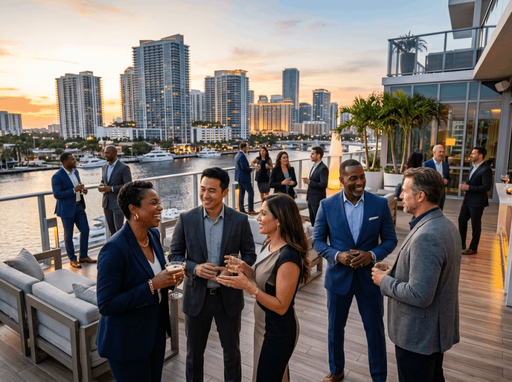 A diverse group of professionals mingling at one of the top South Florida business networking events on a rooftop patio with modern furniture, ambient lighting, and a panoramic city skyline and waterfront view at sunset.