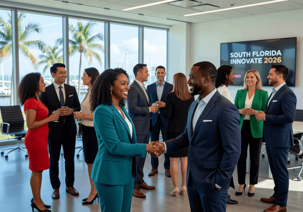 A professional networking event with attendees mingling and shaking hands at one of the top South Florida business networking events in a waterfront office space.