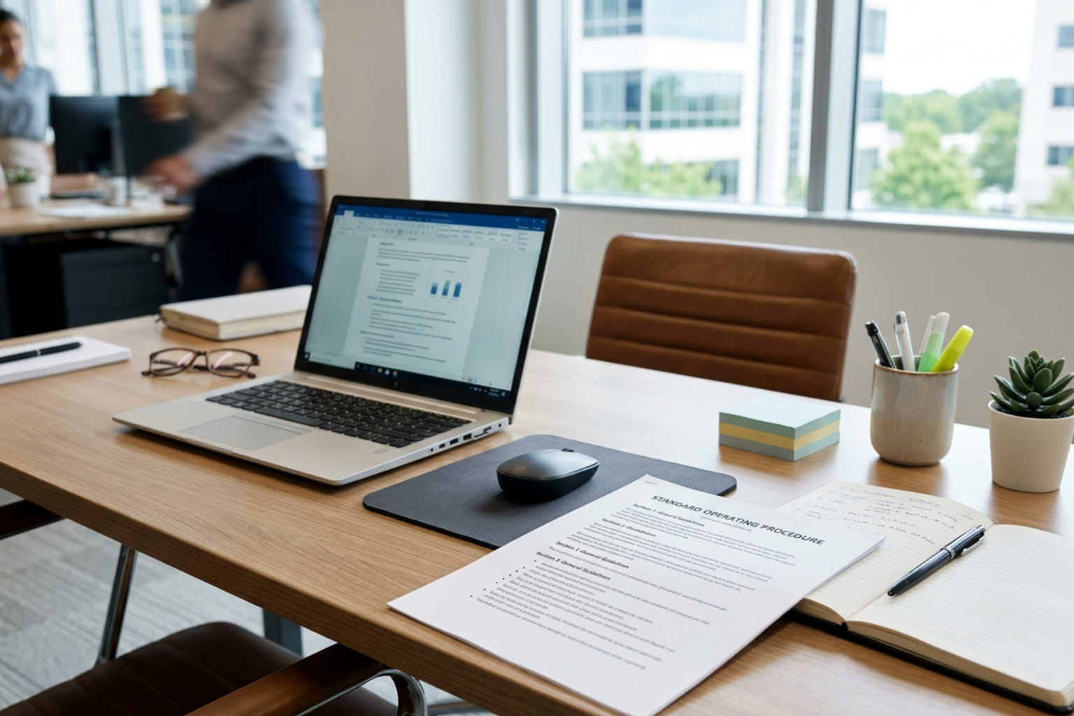 modern office desk with laptop and printed standard operating procedure template document.